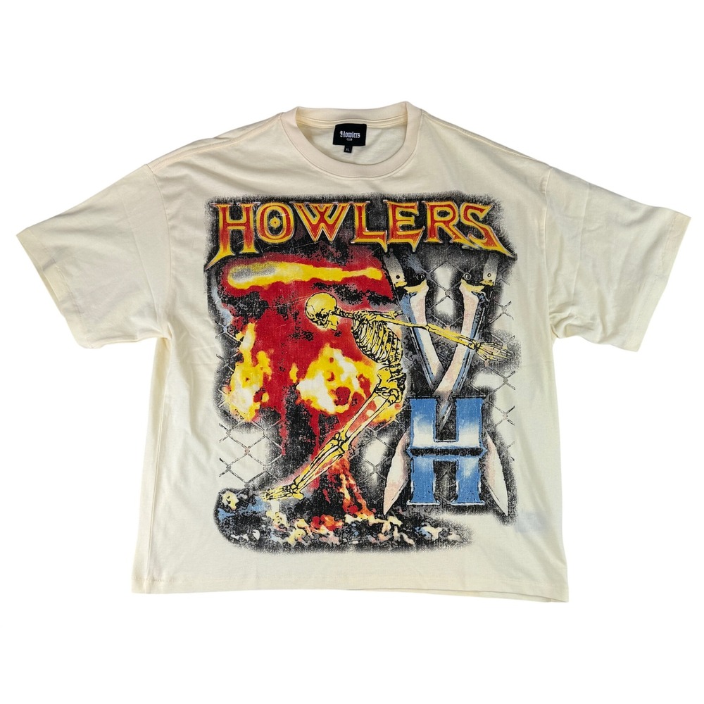 Howlers Club Graphic Tee Mens XL Cream Skeleton Heavy Metal Streetwear T-Shirt